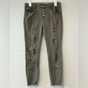 Women’s Angel Kiss Ankle Skinny Factory Distressed olive green Jeans. Size 11.